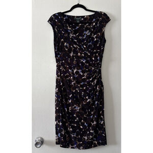 Lauren Ralph Lauren Sheath Dress Multicolor Circle Print V-Neck Ruching Size 10